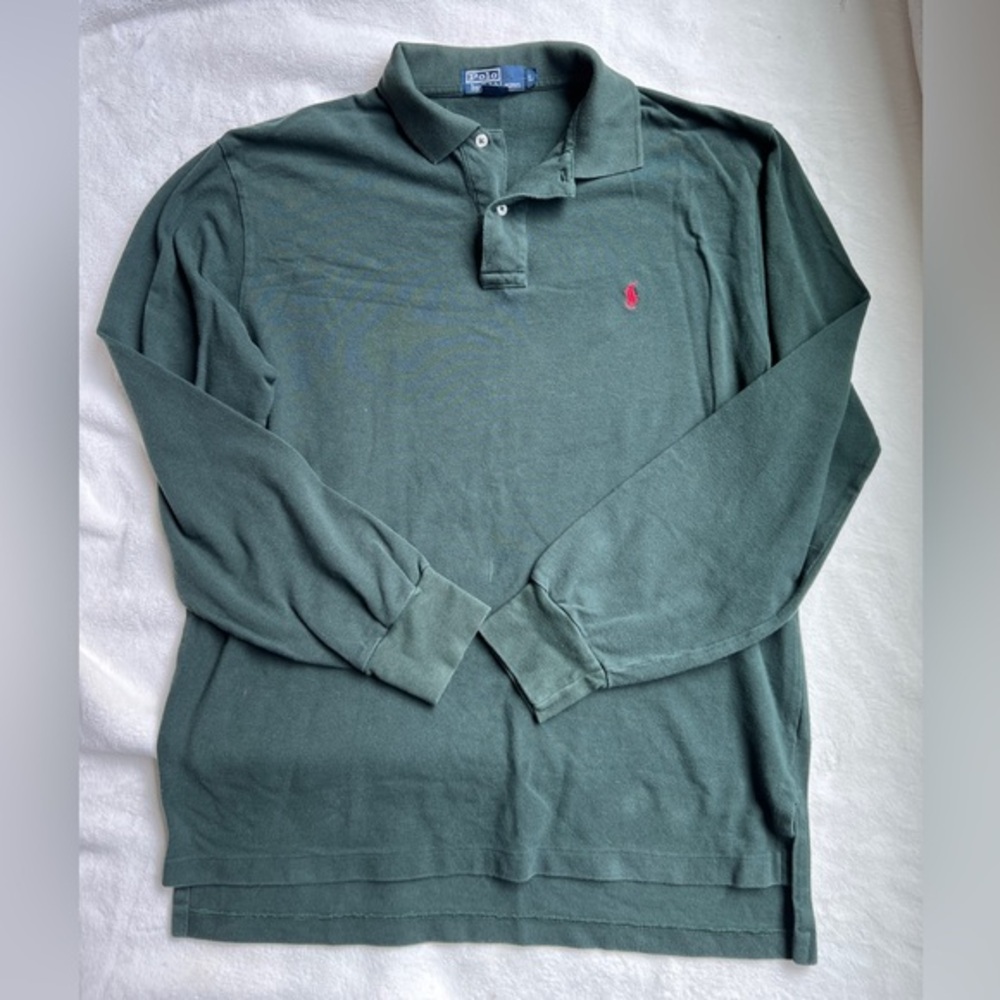 Ralph Lauren Polo Shirt L - Forest Green Long Sleeve - Red Contrast Logo‎